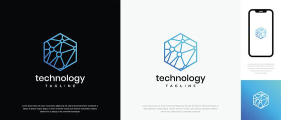 Technology hexagon logo design. Technology connection hexagon logo template. Technology logo symbol icon
