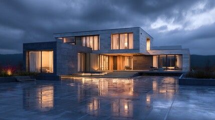 Fototapeta premium Modern luxury home at twilight, illuminated exterior, reflecting in wet pavement