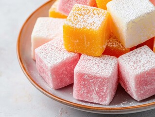 Colorful cubes of Turkish delight dusted with powdered sugar, neatly stacked on a plate.