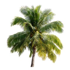Fototapeta premium A coconut palm tree with green fronds is isolated on a plain white background