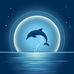 Dreamy Dolphin Jumping Through Moon Ring – Flat Minimalist Vector Illustration