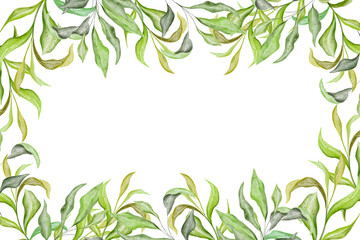 Watercolor frame border.Texture with greens,branch,abstract summer leaves,foliage. Perfect for wedding,invitations,greeting cards,quotes,pattern,logos,Birthday cards,lettering etc. Hand drawn