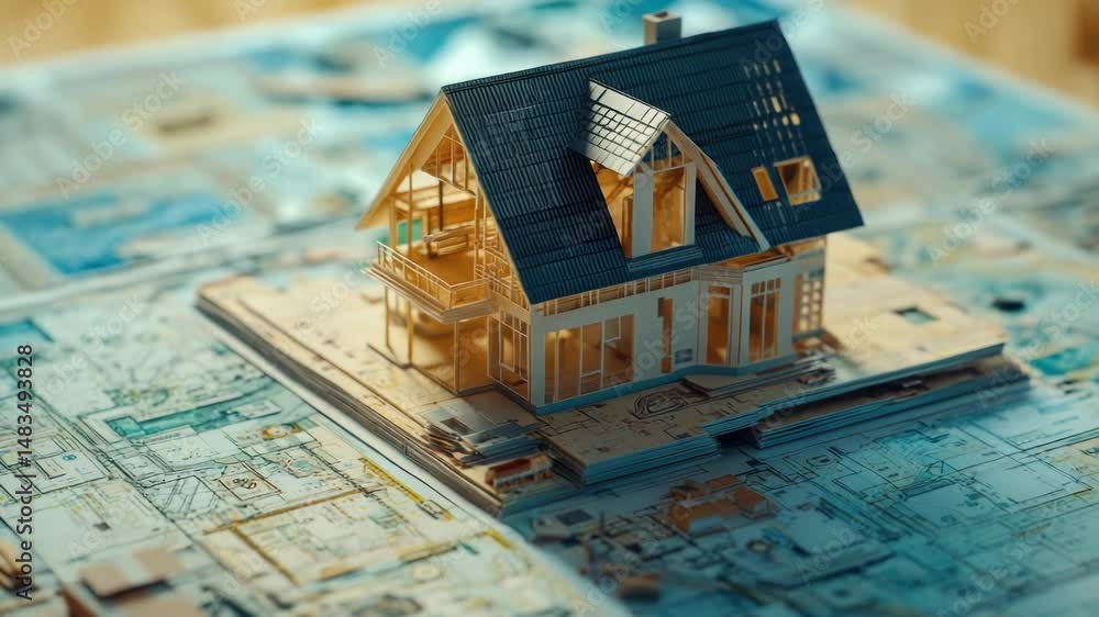 Poster a 3d model of a house sitting on a blueprint, great for architecture and planning projects