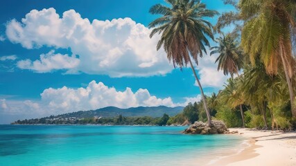 Naklejka premium Serene tropical beach with palm trees turquoise water and white sand under a blue sky