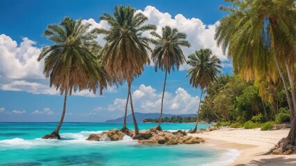Fototapeta premium Tropical beach scene showcasing palm trees turquoise waters and sandy shores under a sunny blue sky