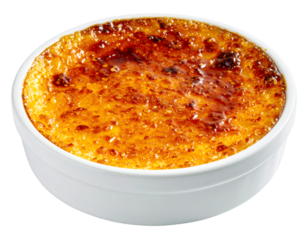 Creme brulee with caramelized top in a white ceramic ramekin, isolated on transparent background