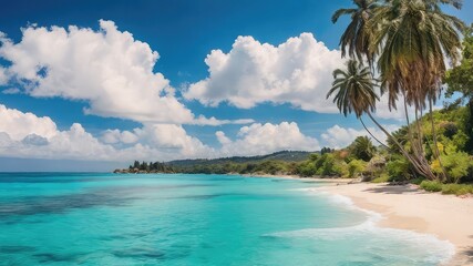 Beautiful tropical beach scenery featuring white sand turquoise water and lush palm trees on a sunny day