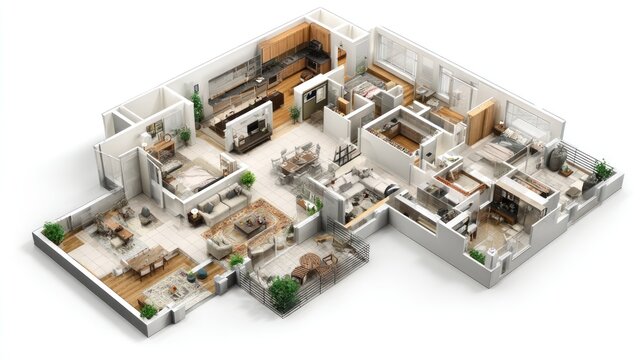 Modern spacious apartment floor plan.  A detailed top-down view of a multi-room, open-concept floorplan