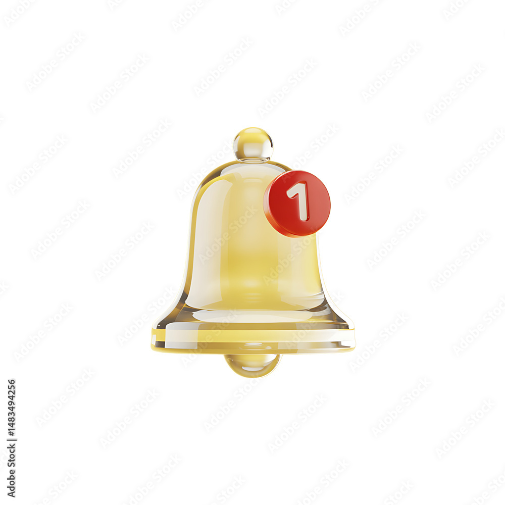 Poster glossy gold notification bell one new message alert 3d render transparent background