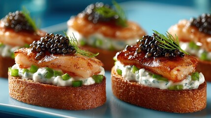 Elegant canape platter featuring salmon and caviar artfully arranged for a luxurious dining experience at parties