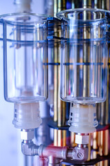 Laboratory apparatus showcases detailed design of a glass condenser with spiral tubing for...