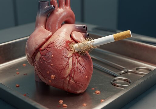 Smoker's Heart: A cigarette impales a human heart resting on a stainless steel tray, symbolizing the destructive effects of smoking on cardiovascular health, a stark warning.