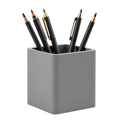 Grey Square Pencil Holder with Black Pens and Pencils on White Background