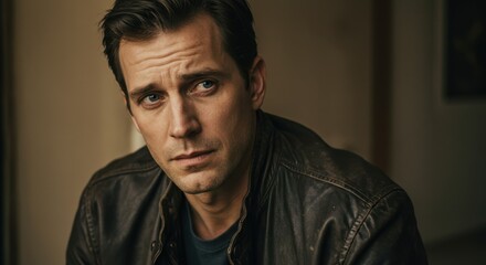 Fototapeta premium Thoughtful man in a leather jacket gazes contemplatively indoors, soft light