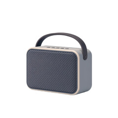 Portable Gray Fabric Bluetooth Speaker with Brown Leather Handle and Beige Accents