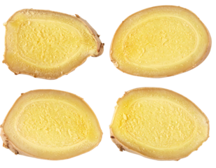 Four slices of dried ginger root isolated on transparent background