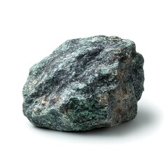 A medium-sized rock with a combination of green and gray coloration is isolated against a stark white background