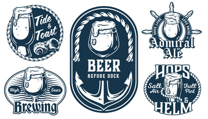 Nautical beer emblems collection with overflowing beer glasses, anchor, rope, seashells, and marine themed slogans, creating vintage and seafaring aesthetict for sea bar or ocean pub, brewery branding