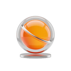 Shiny orange sphere encased in glass metallic ring modern design 3D render on transparent background