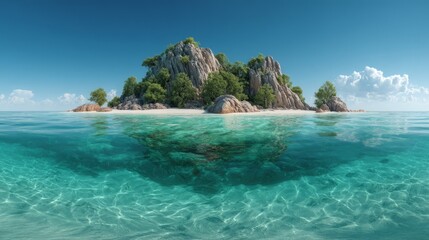 Fototapeta premium Stunning turquoise ocean with a small island, rocks, trees and a clear blue sky.