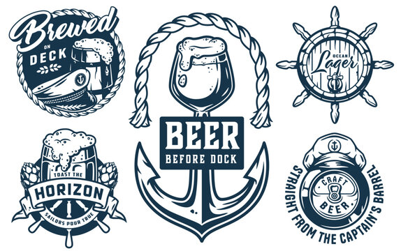 Vintage monochrome nautical beer emblems are showing brewing elements like mugs, Glasses, Hops, Anchor, Captain's hat. Helm. Barrel and ropes, for brewery or pub with seafaring theme - Powered by Adobe