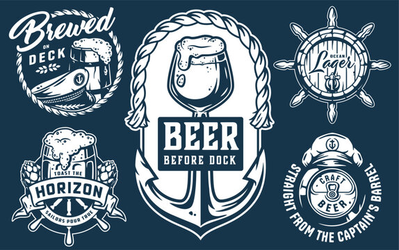 Nautical themed beer emblems showcase overflowing beer mugs, captain's hats, anchors, steering wheels, and beer barrels for seafaring spirit and celebrating the love of beer