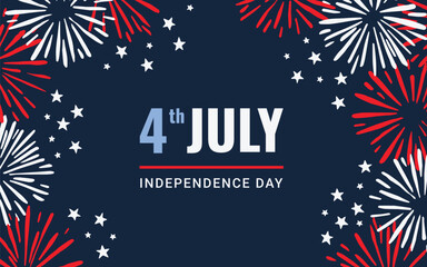 4th of July greeting card, invitation. Hand drawn fireworks, stars, bold typography. Dark blue background. U.S. Independence Day posters, banners, social media. USA flag colors. Happy memorial