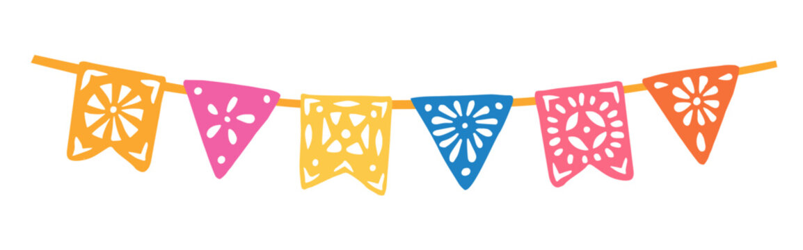 Colorful papel picado garland banner. Taditional Mexican decorative party flags, bunting. Cinco de Mayo, fiestas,or Day of  Dead Dia de Muertos celebrations. Flat vector isolated on white background.