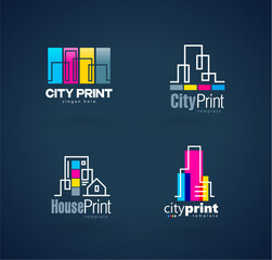 Set Logo City Print СMYK Printing Polygraphy theme. Silhouette Buildings lines style. Template design vector. Black background.