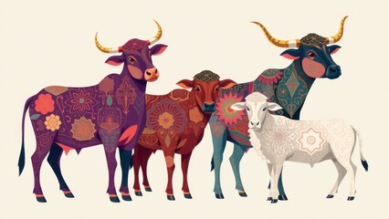 Traditional Folk Art: Colorful Bull and Sheep Illustration with Geometric Patterns