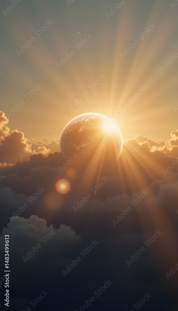 Fototapete dramatic celestial event, a distant planet partially eclipses a sun creating deep cosmic shadows. sp