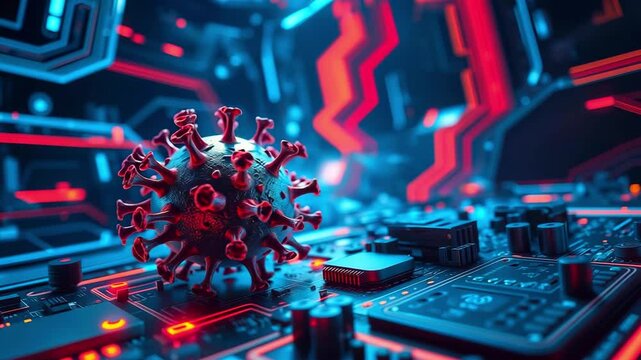 A detailed close-up of a virus model on a futuristic circuit board with glowing neon elements - Powered by Adobe
