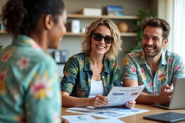 Fototapeta premium Chic Female Travel Agent Excitedly Plans Dream Vacation for Happy Young Couple Amidst Cluttered Office Desk