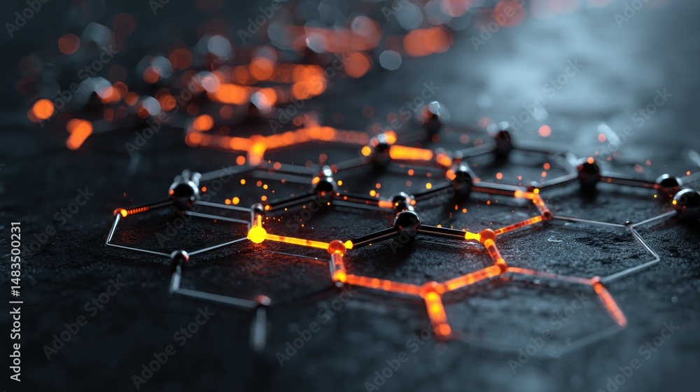 Poster abstract hexagonal network glowing with orange light