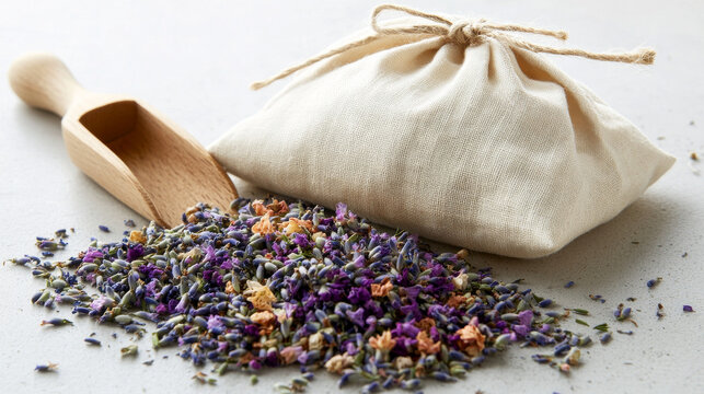 A blend of aromatic herbs like chamomile, lavender, calendula, and rose is collected in a cotton bag with a wooden spatula for use in teas, baths, or cosmetics