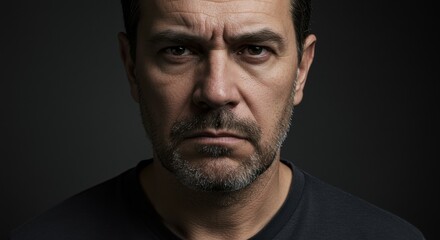 Fototapeta premium Intense portrait of a middle-aged man with a serious expression against a dark backdrop