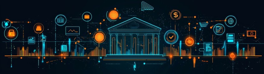 An artistic depiction of financial technology services and connections.