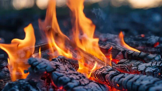 Campfire outdoors. Wood burning making the fire with yellow and orange flame, fiery background