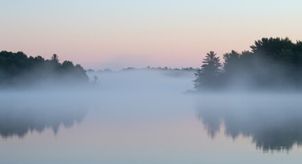 Fototapeta premium Misty Lake Sunrise with Pastel Sky and Trees
