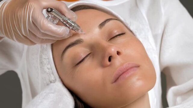 Woman receiving professional cosmetic treatment on face using a specialized micro-needling pen for skin rejuvenation and wrinkle reduction, indoors.