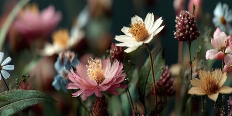 Colorful wildflowers bloom in a lush garden during the early morning light of spring near a quiet forest