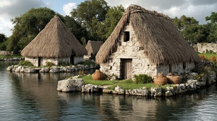 Rustic stone huts on water island