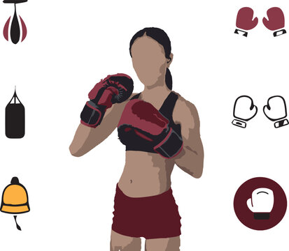 Female Boxer in Training Stance with Boxing Equipment Icons. Retro style