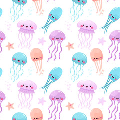 Seamless pattern with jellyfish, underwater world.