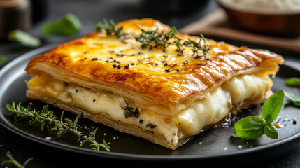 A cheese-stuffed pastry topped with golden melted cheese sits on a black plate
