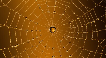 Obraz premium Delicate golden spiderweb with water droplets