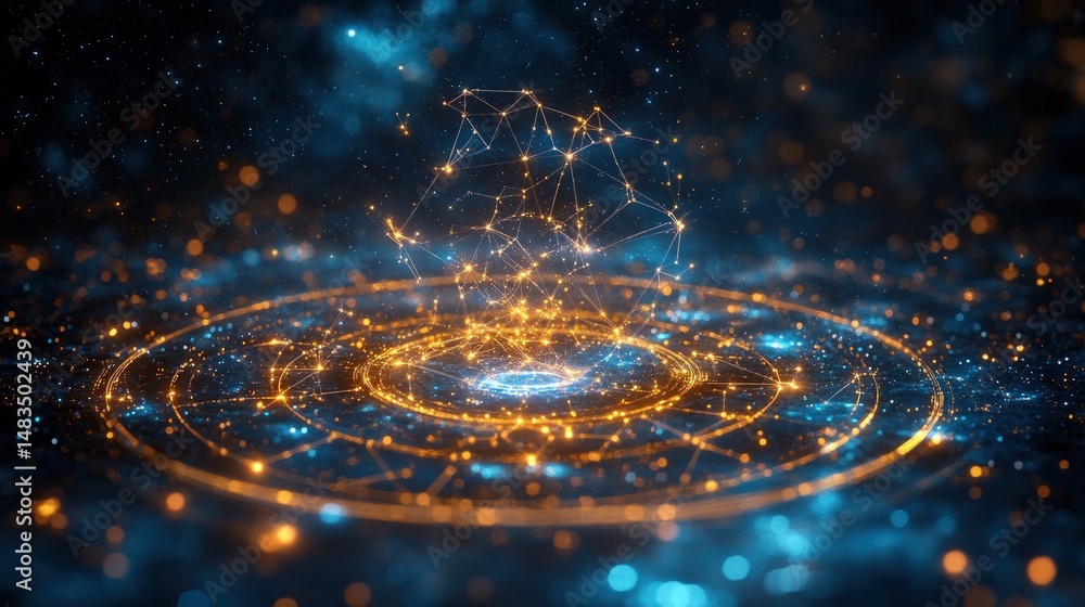 Poster abstract network sphere. complex interconnected luminous orb within concentric rings