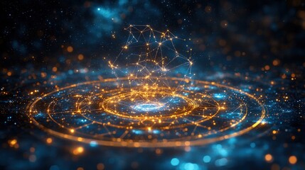 Abstract network sphere.  Complex interconnected luminous orb within concentric rings