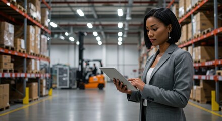 Professional woman using a tablet in a modern warehouse filled with boxes