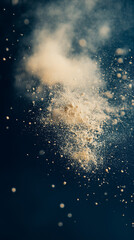 Obraz premium Floating Chalk Dust Texture: Beige red and blue Powder Particles in Motion Against a Dark Blue Background 